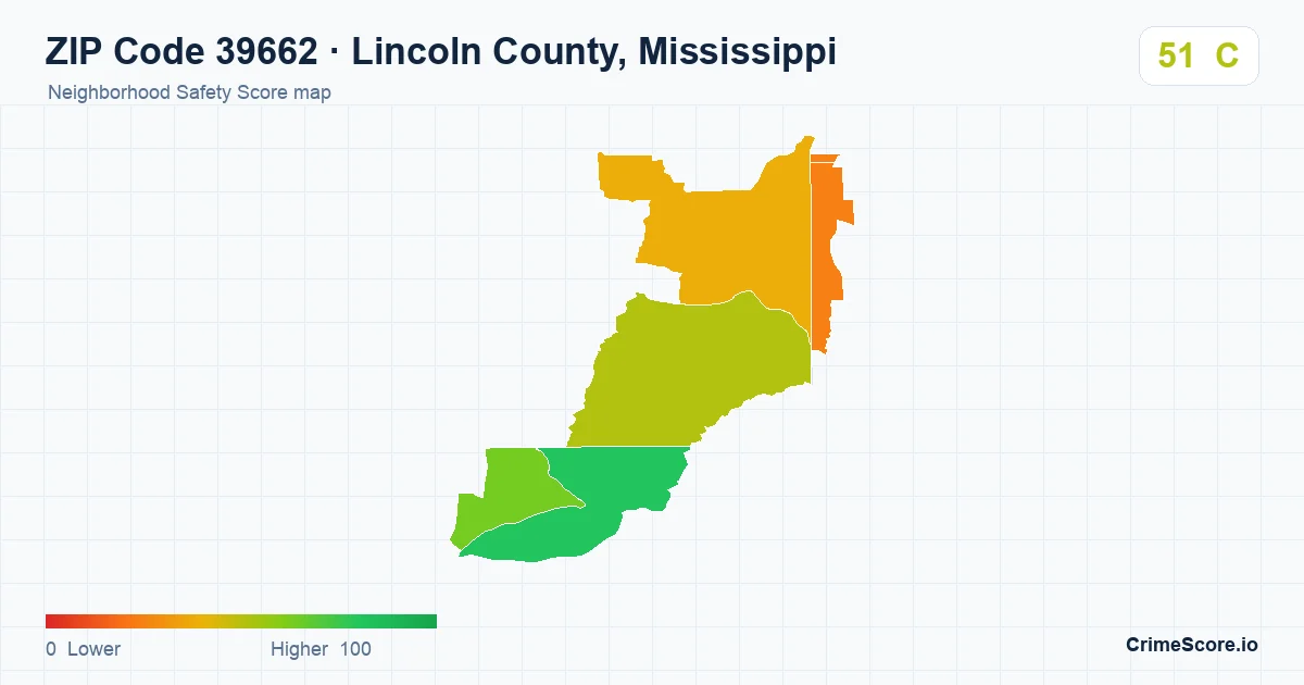 ZIP Code 39662 in Lincoln County, Mississippi neighborhood Safety Score map