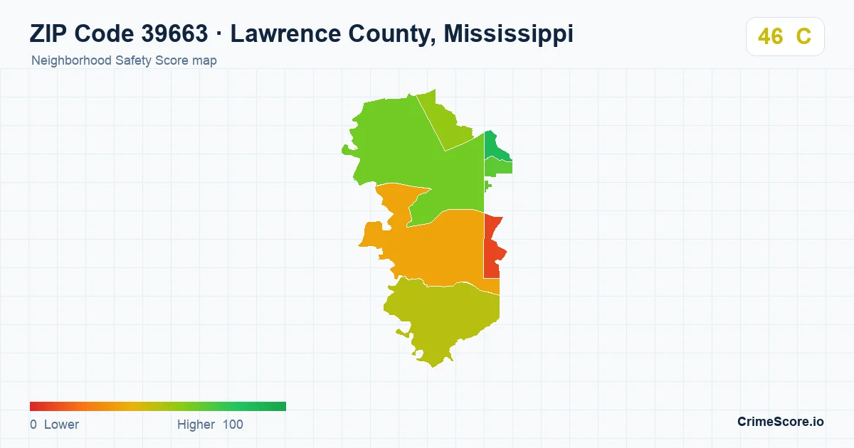 ZIP Code 39663 in Lawrence County, Mississippi neighborhood Safety Score map