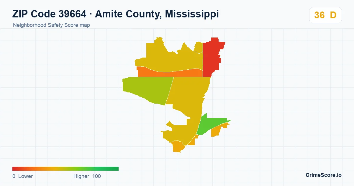 ZIP Code 39664 in Amite County, Mississippi neighborhood Safety Score map
