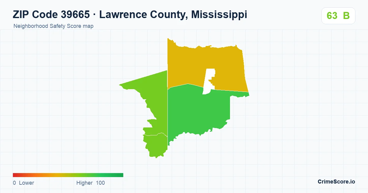 ZIP Code 39665 in Lawrence County, Mississippi neighborhood Safety Score map