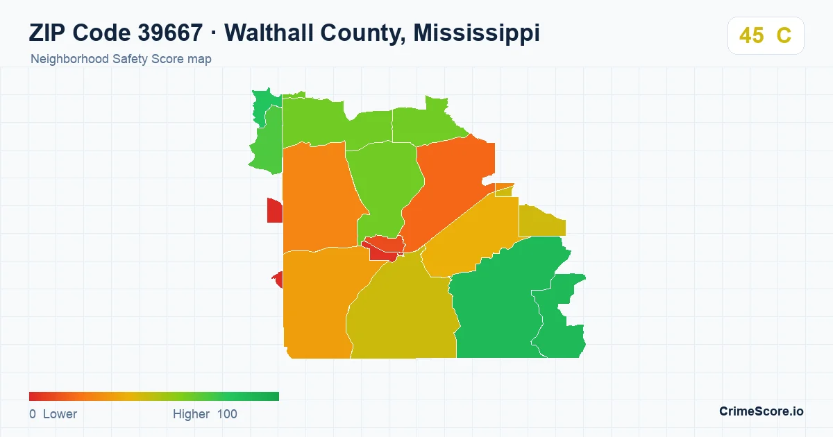 ZIP Code 39667 in Walthall County, Mississippi neighborhood Safety Score map