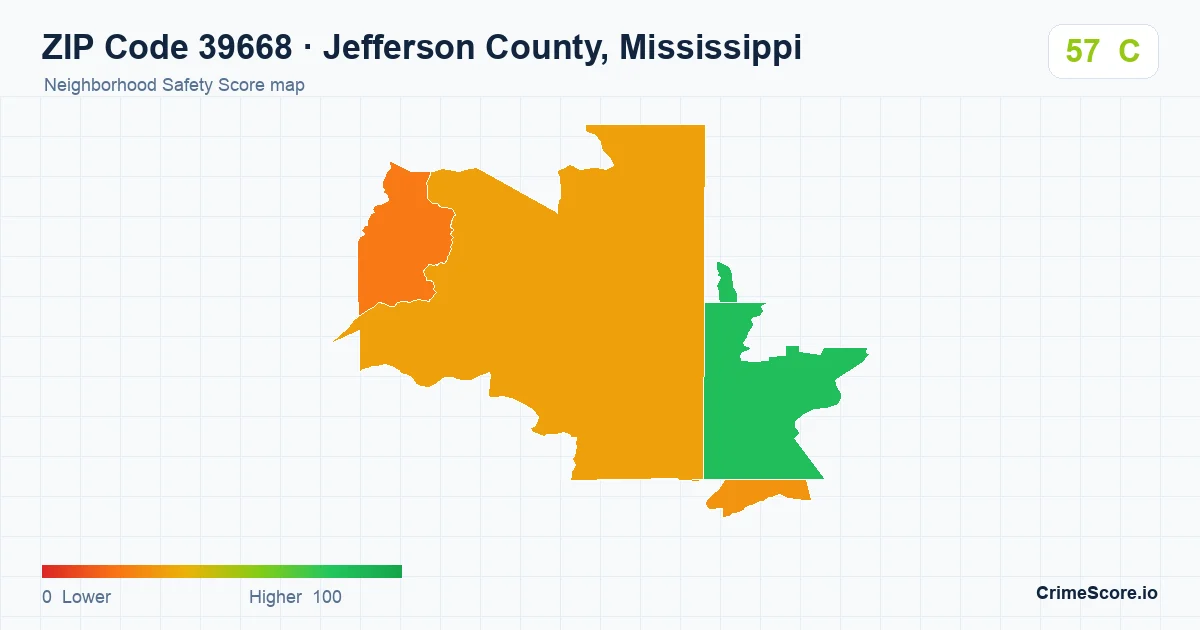 ZIP Code 39668 in Jefferson County, Mississippi neighborhood Safety Score map