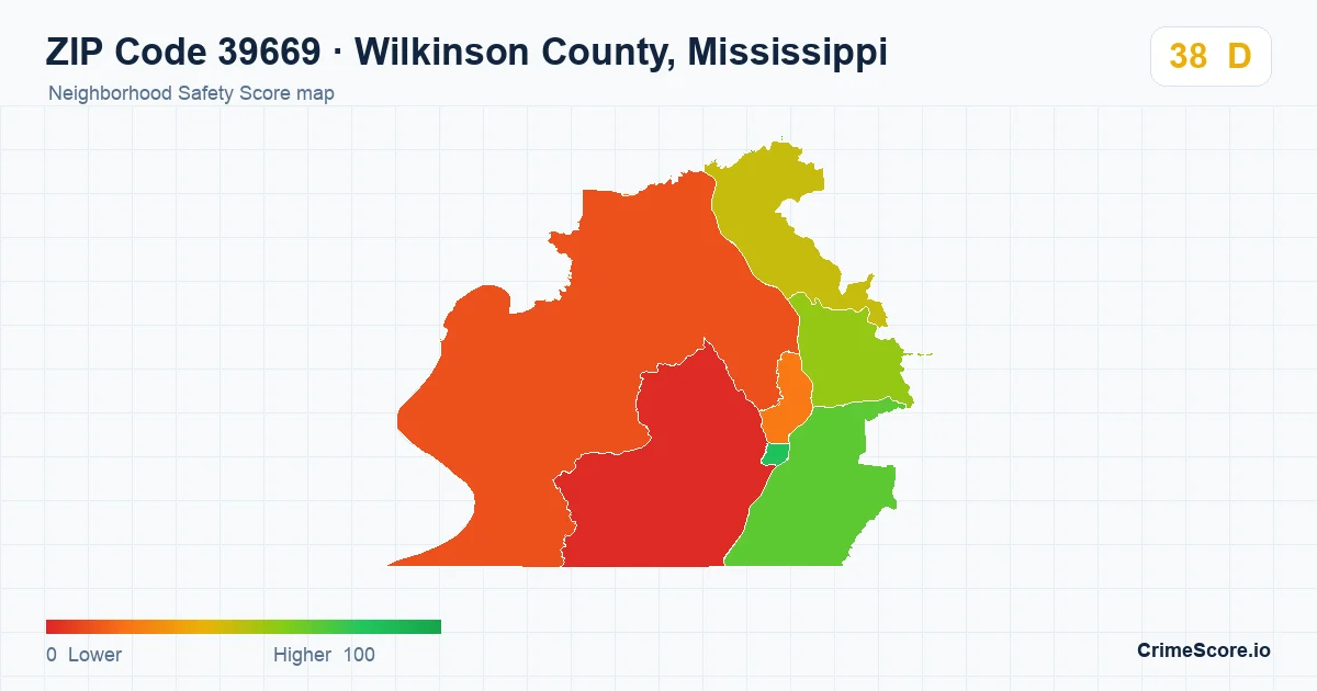 ZIP Code 39669 in Wilkinson County, Mississippi neighborhood Safety Score map