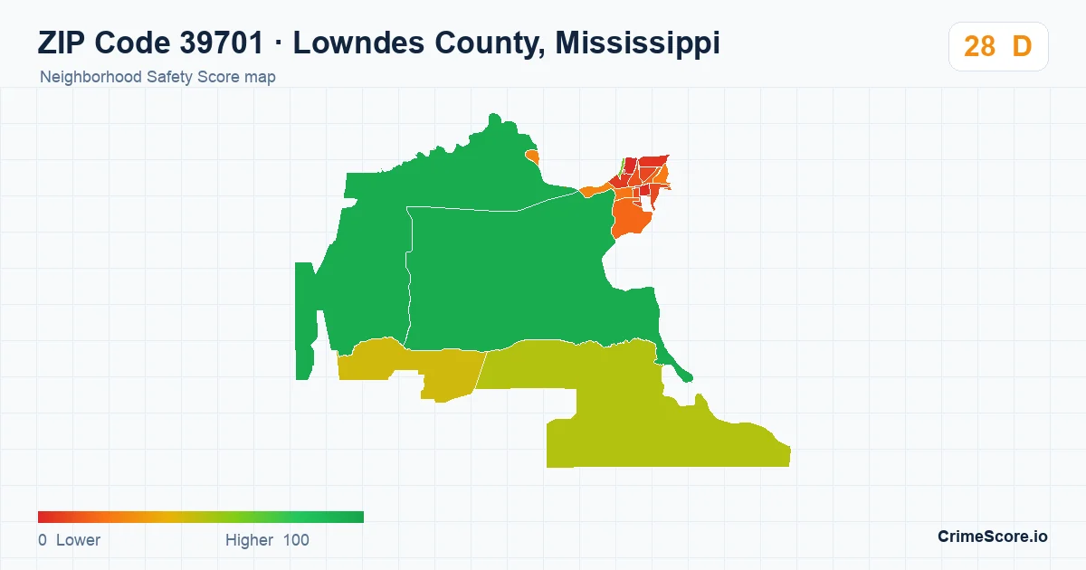 ZIP Code 39701 in Lowndes County, Mississippi neighborhood Safety Score map