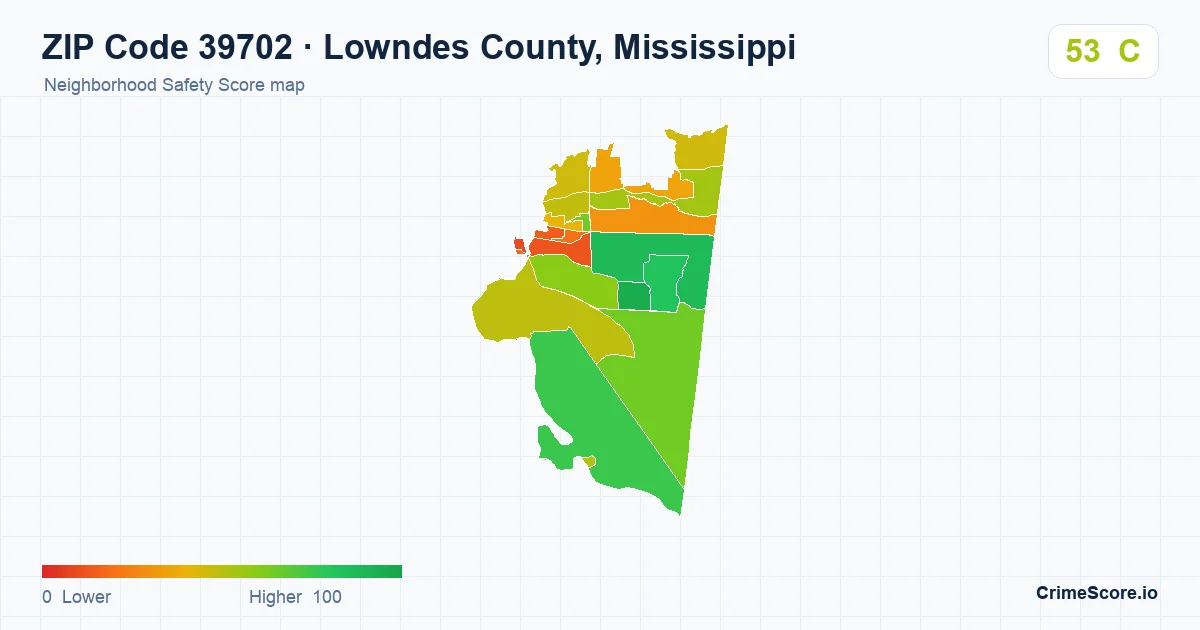 ZIP Code 39702 in Lowndes County, Mississippi neighborhood Safety Score map
