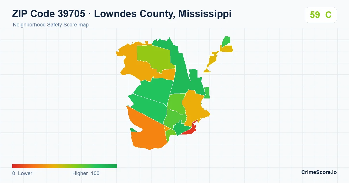 ZIP Code 39705 in Lowndes County, Mississippi neighborhood Safety Score map