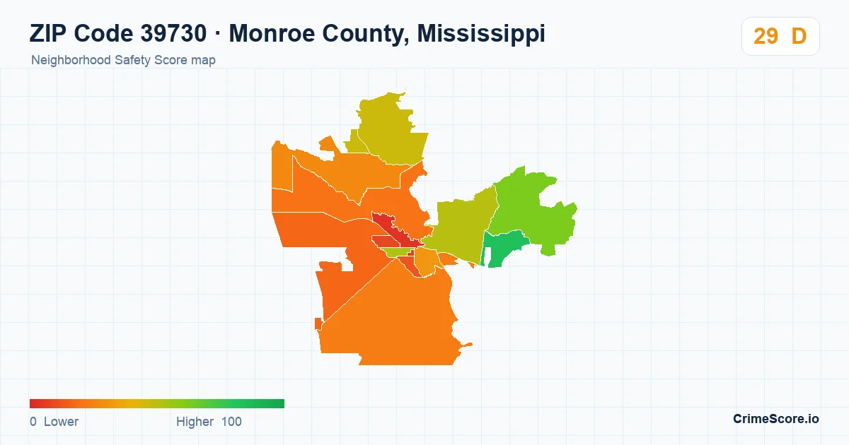 ZIP Code 39730 in Monroe County, Mississippi neighborhood Safety Score map