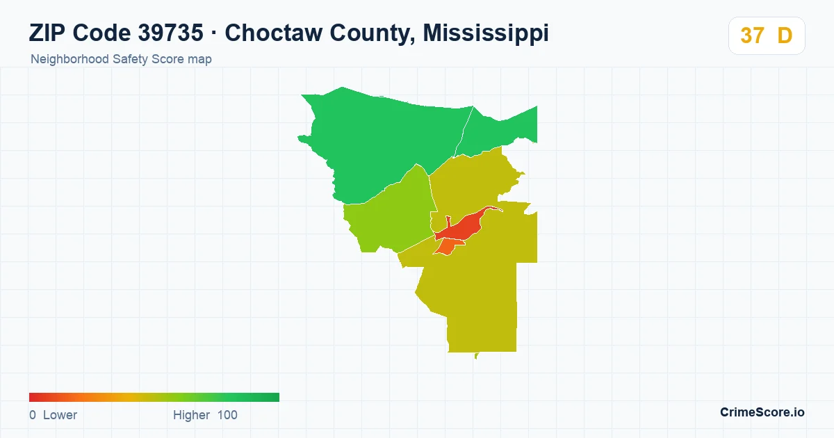 ZIP Code 39735 in Choctaw County, Mississippi neighborhood Safety Score map
