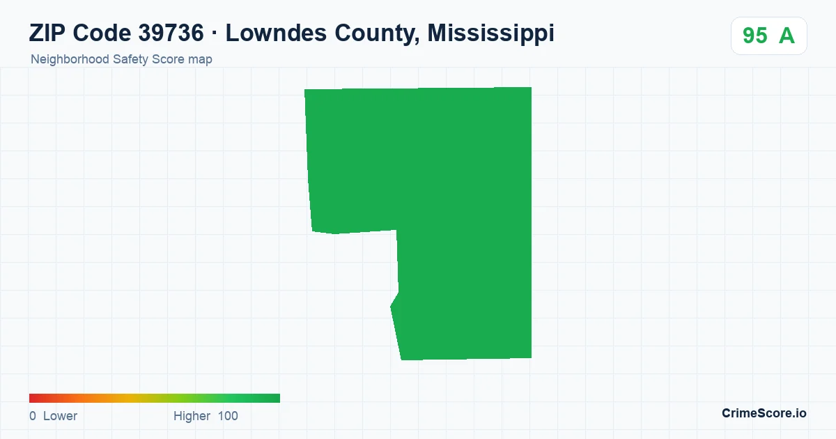 ZIP Code 39736 in Lowndes County, Mississippi neighborhood Safety Score map