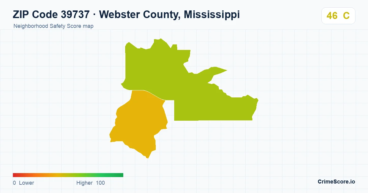 ZIP Code 39737 in Webster County, Mississippi neighborhood Safety Score map