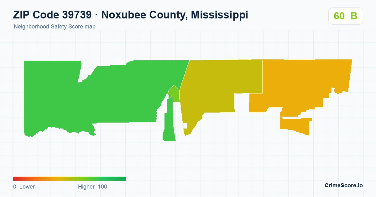 ZIP Code 39739 in Noxubee County, Mississippi neighborhood Safety Score map