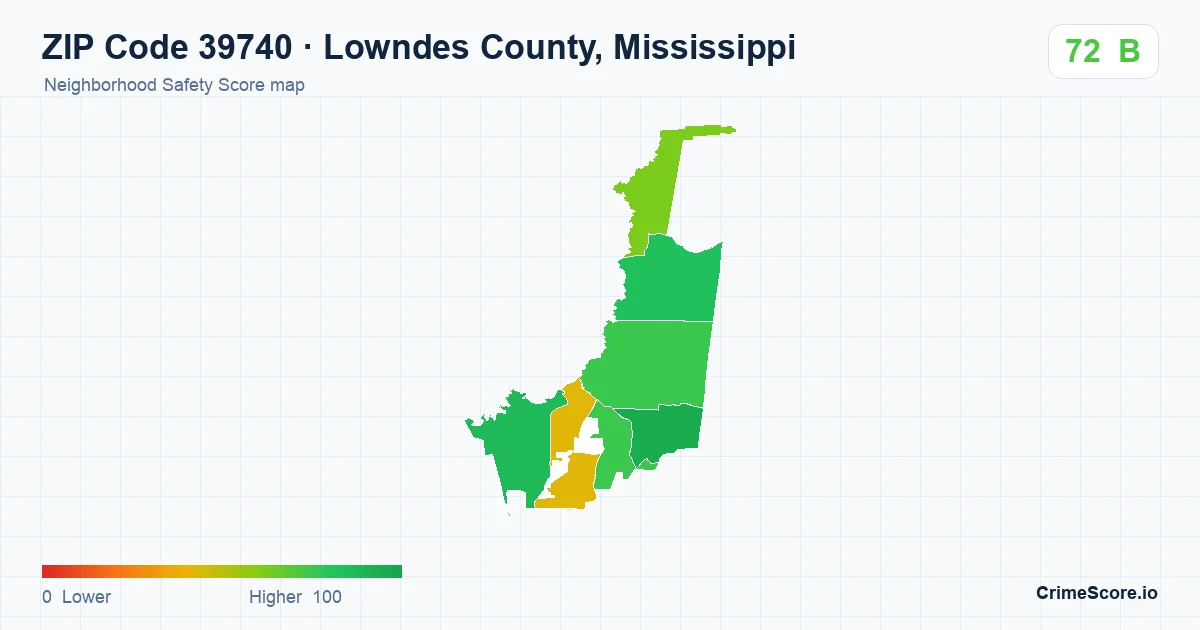 ZIP Code 39740 in Lowndes County, Mississippi neighborhood Safety Score map