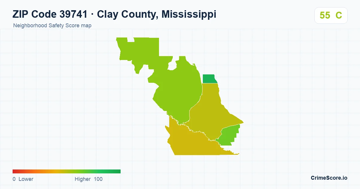 ZIP Code 39741 in Clay County, Mississippi neighborhood Safety Score map