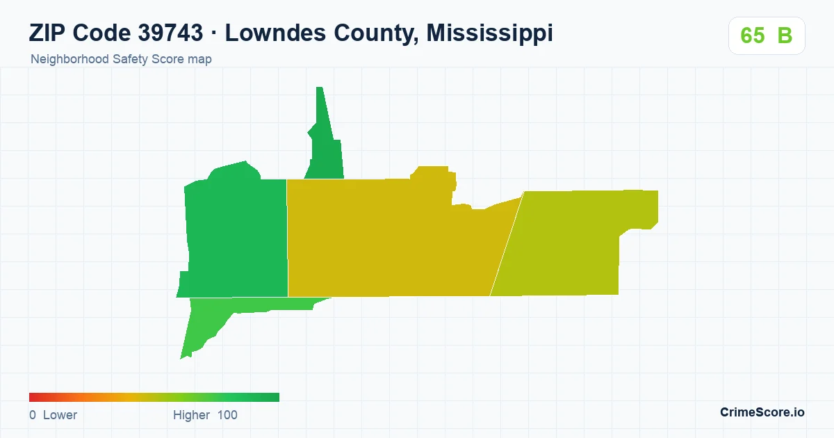 ZIP Code 39743 in Lowndes County, Mississippi neighborhood Safety Score map