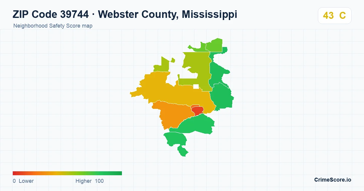 ZIP Code 39744 in Webster County, Mississippi neighborhood Safety Score map