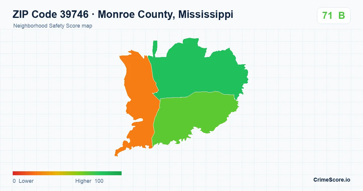 ZIP Code 39746 in Monroe County, Mississippi neighborhood Safety Score map