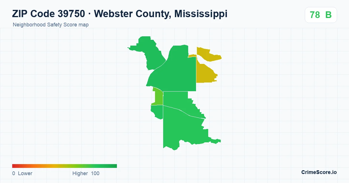 ZIP Code 39750 in Webster County, Mississippi neighborhood Safety Score map