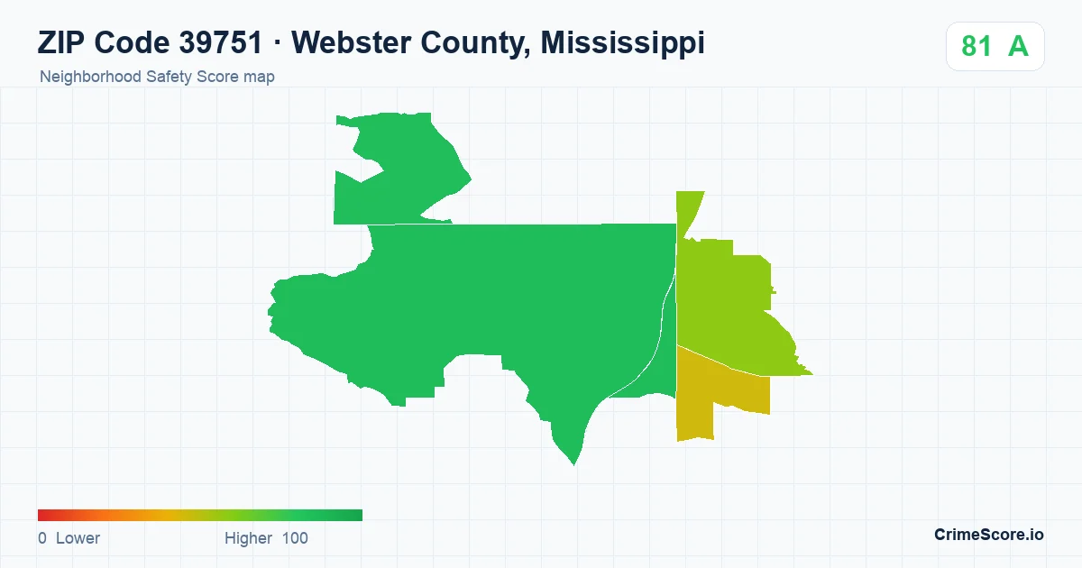 ZIP Code 39751 in Webster County, Mississippi neighborhood Safety Score map