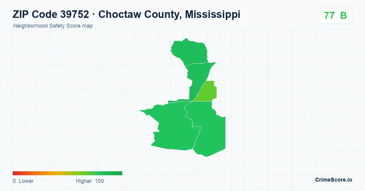 ZIP Code 39752 in Choctaw County, Mississippi neighborhood Safety Score map