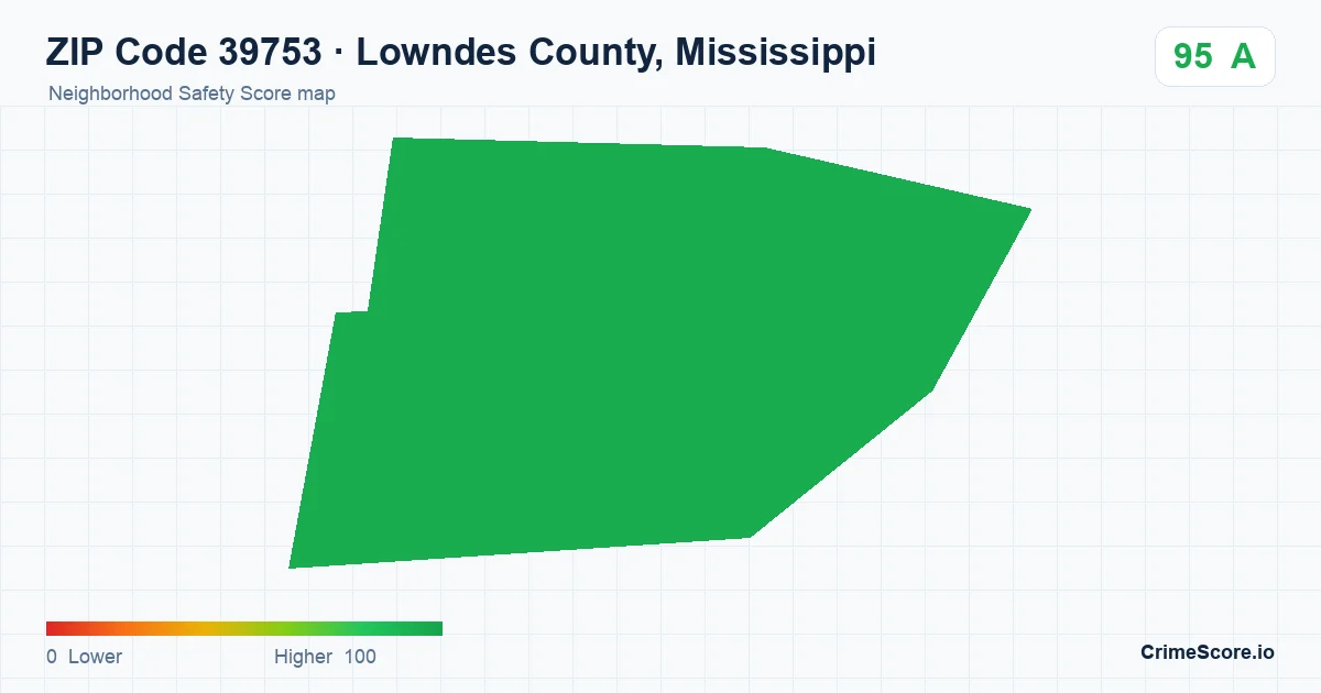 ZIP Code 39753 in Lowndes County, Mississippi neighborhood Safety Score map