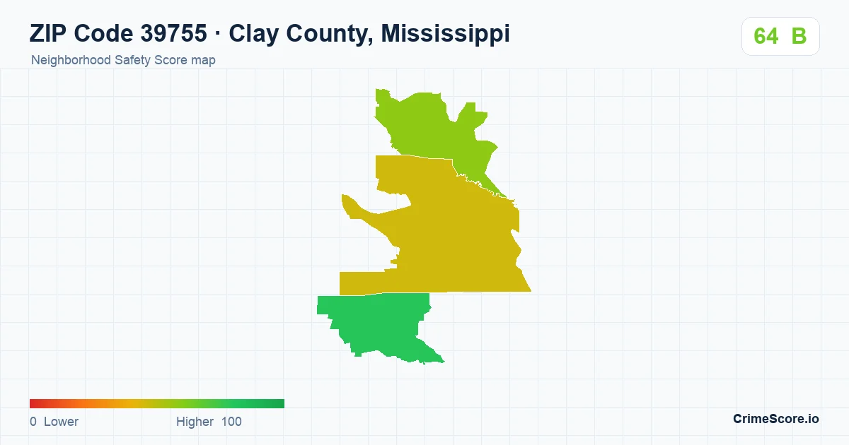 ZIP Code 39755 in Clay County, Mississippi neighborhood Safety Score map