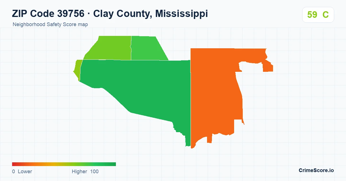 ZIP Code 39756 in Clay County, Mississippi neighborhood Safety Score map