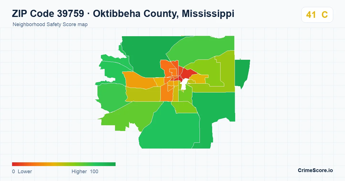 ZIP Code 39759 in Oktibbeha County, Mississippi neighborhood Safety Score map