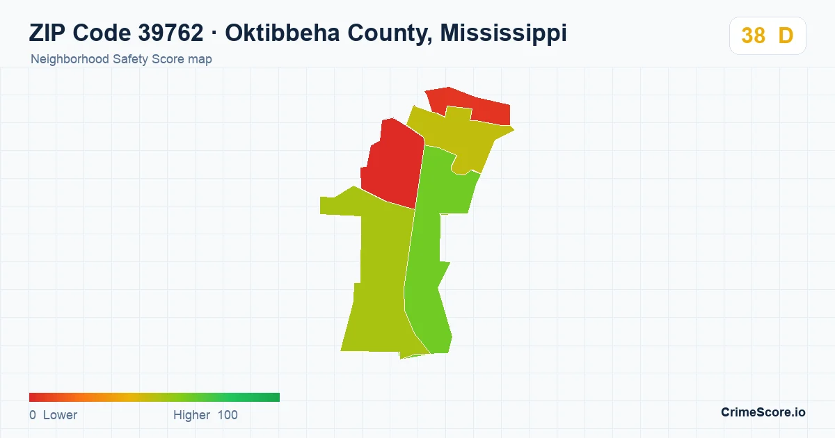 ZIP Code 39762 in Oktibbeha County, Mississippi neighborhood Safety Score map