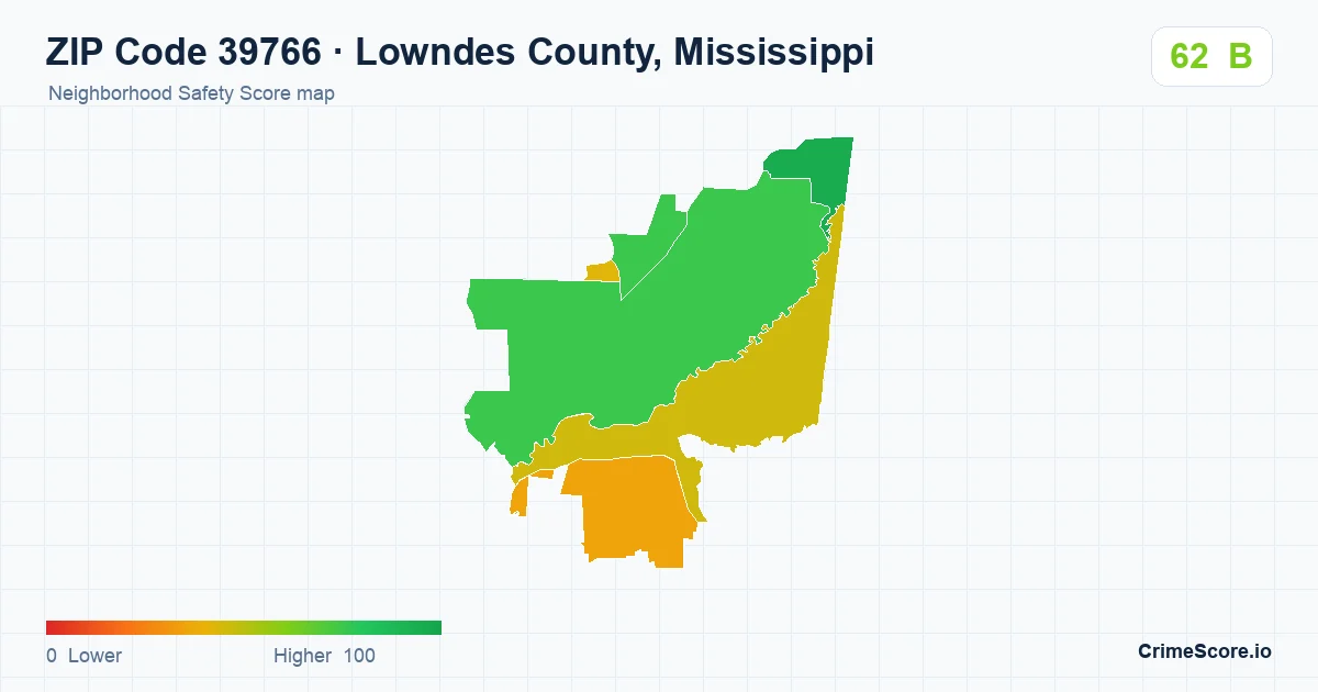 ZIP Code 39766 in Lowndes County, Mississippi neighborhood Safety Score map