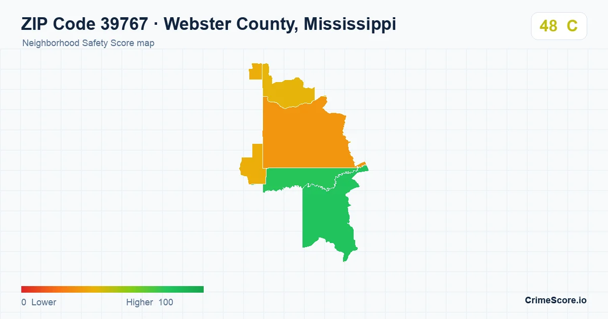 ZIP Code 39767 in Webster County, Mississippi neighborhood Safety Score map