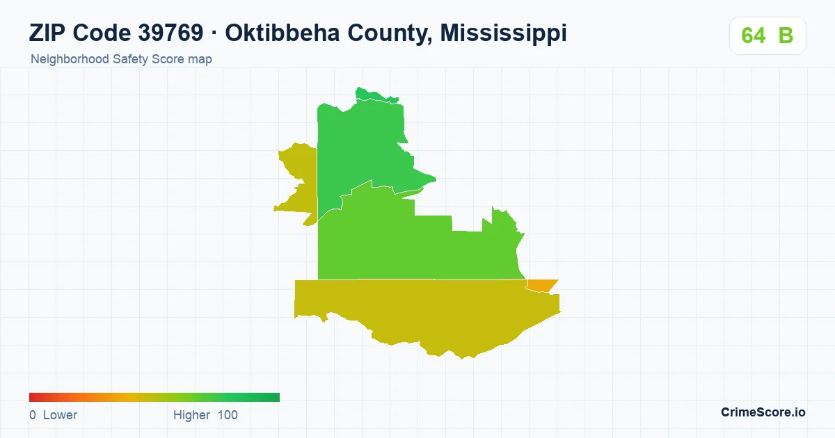 ZIP Code 39769 in Oktibbeha County, Mississippi neighborhood Safety Score map
