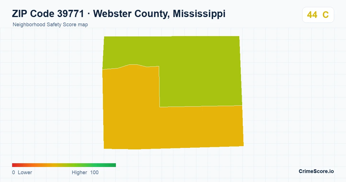 ZIP Code 39771 in Webster County, Mississippi neighborhood Safety Score map