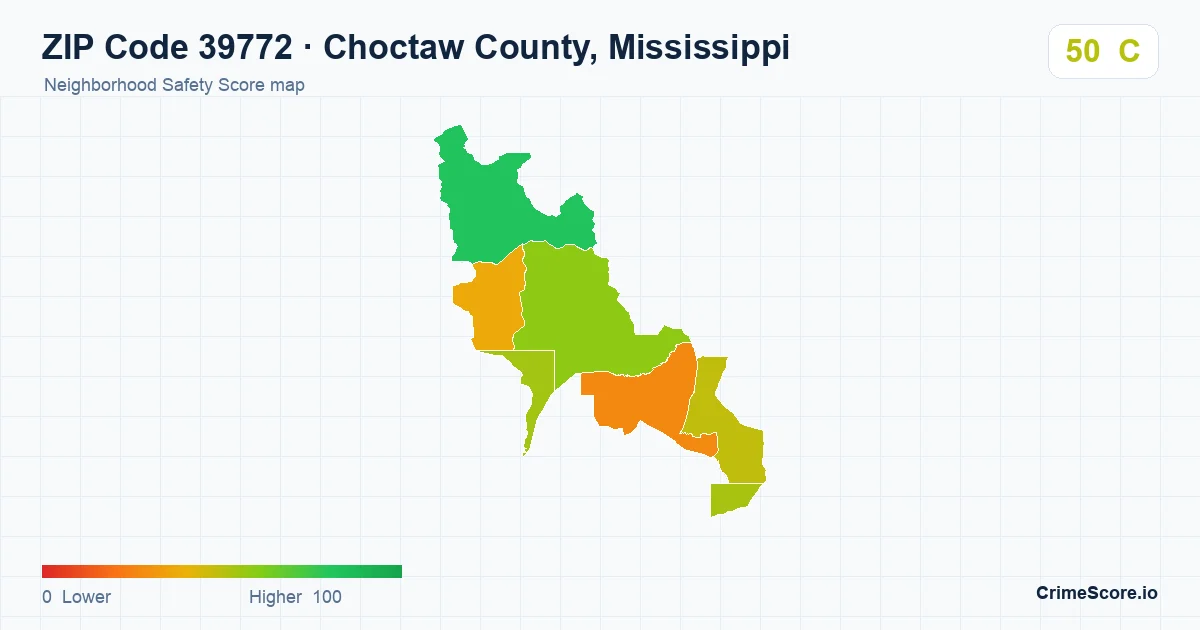ZIP Code 39772 in Choctaw County, Mississippi neighborhood Safety Score map
