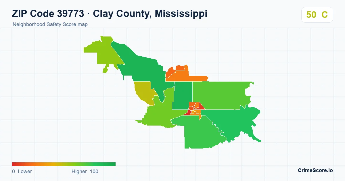 ZIP Code 39773 in Clay County, Mississippi neighborhood Safety Score map