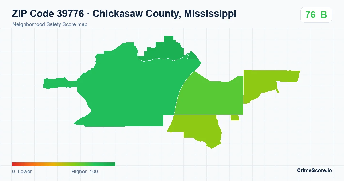 ZIP Code 39776 in Chickasaw County, Mississippi neighborhood Safety Score map