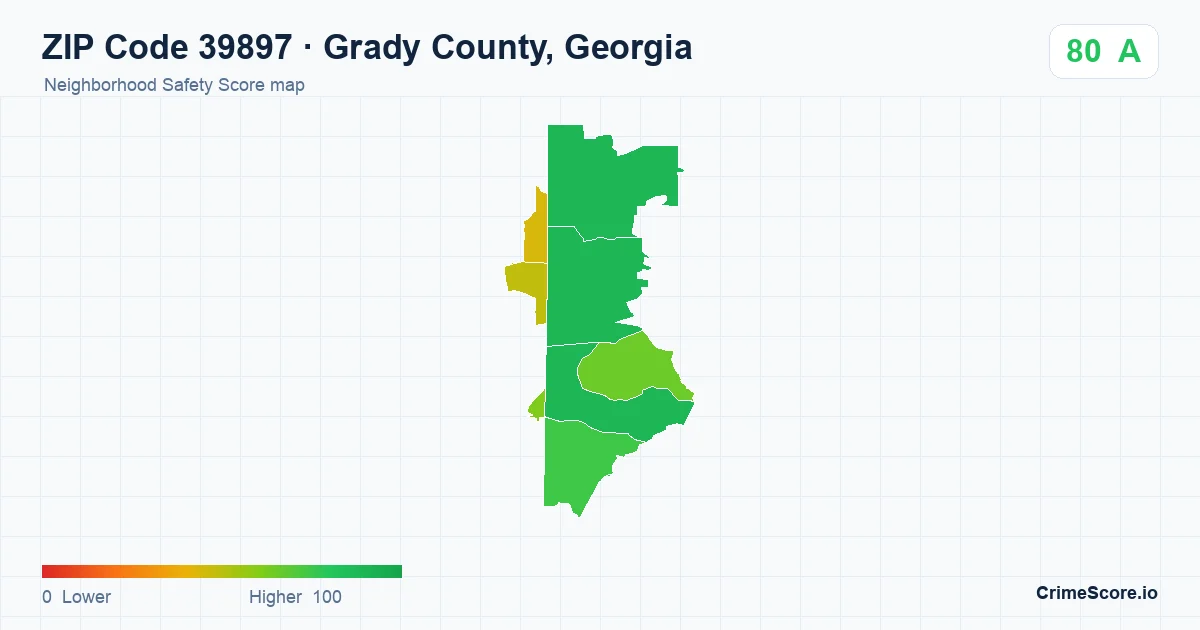 ZIP Code 39897 in Grady County, Georgia neighborhood Safety Score map