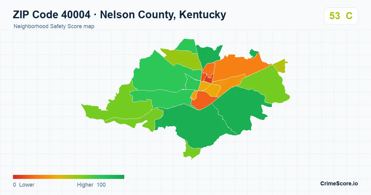 ZIP Code 40004 in Nelson County, Kentucky neighborhood Safety Score map
