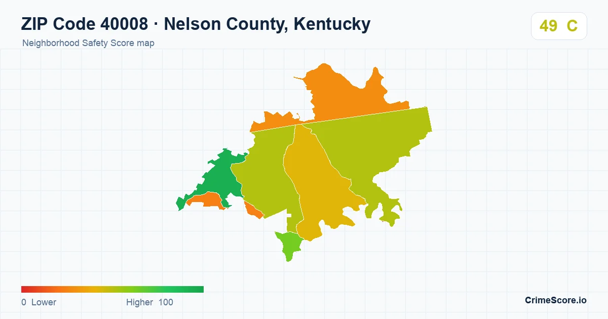 ZIP Code 40008 in Nelson County, Kentucky neighborhood Safety Score map