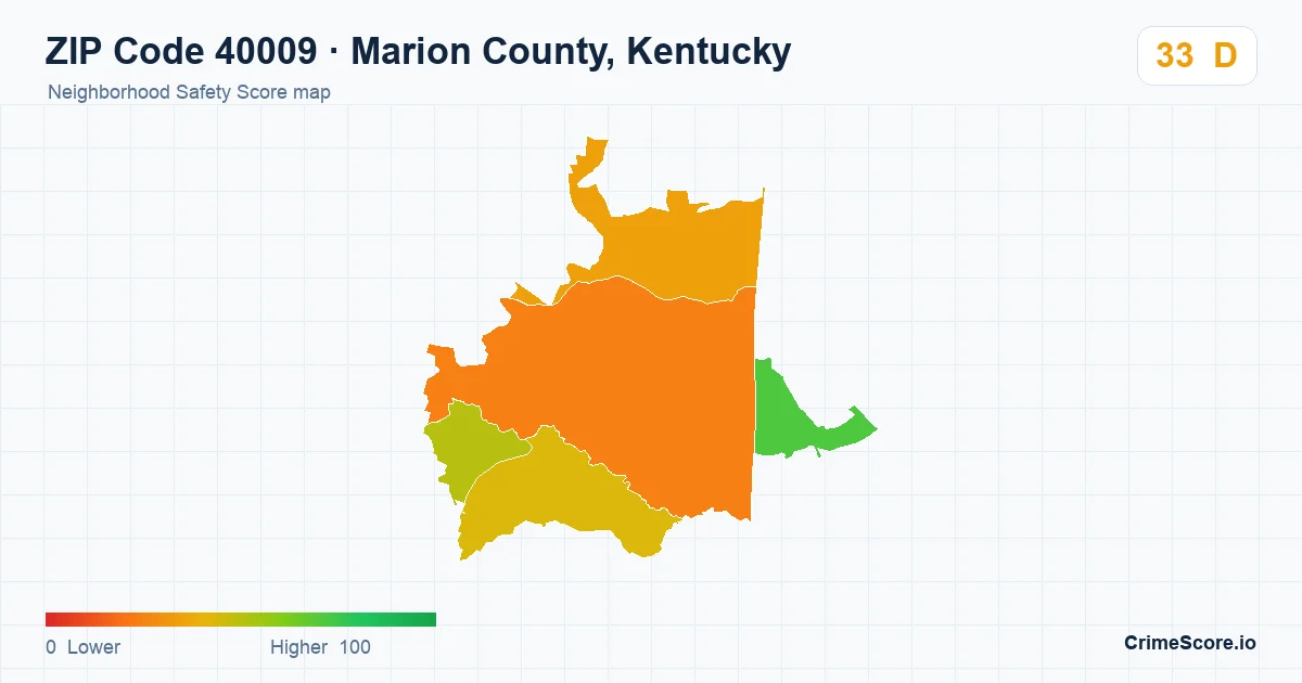 ZIP Code 40009 in Marion County, Kentucky neighborhood Safety Score map