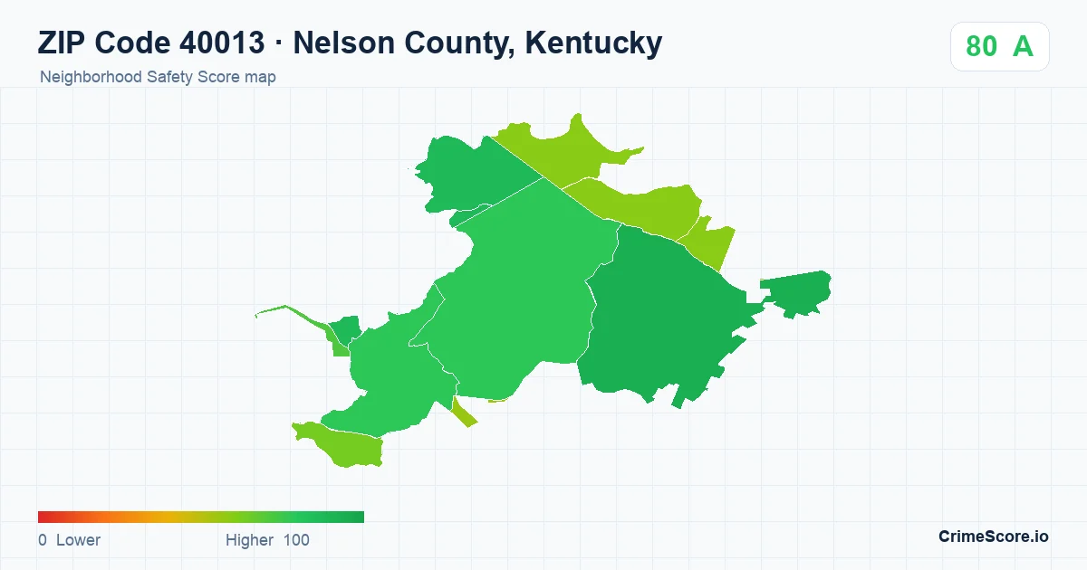 ZIP Code 40013 in Nelson County, Kentucky neighborhood Safety Score map