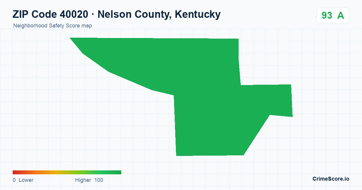 ZIP Code 40020 in Nelson County, Kentucky neighborhood Safety Score map