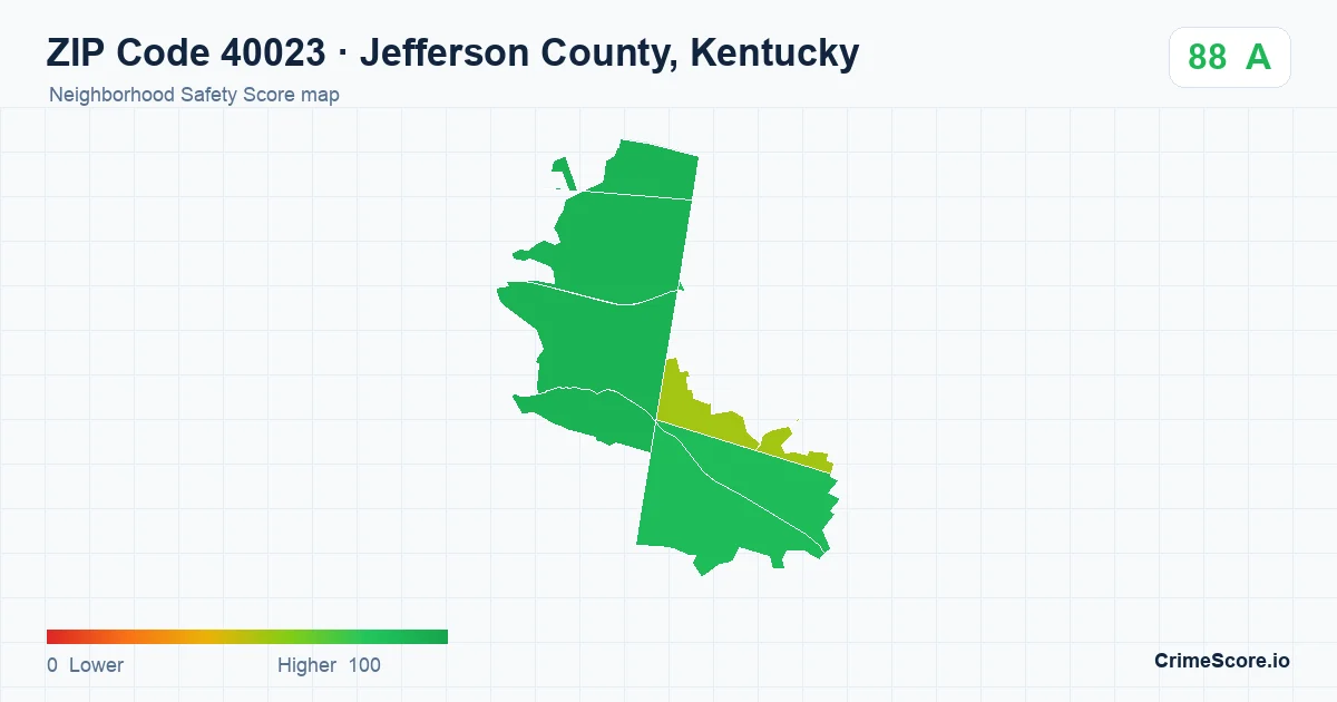 ZIP Code 40023 in Jefferson County, Kentucky neighborhood Safety Score map