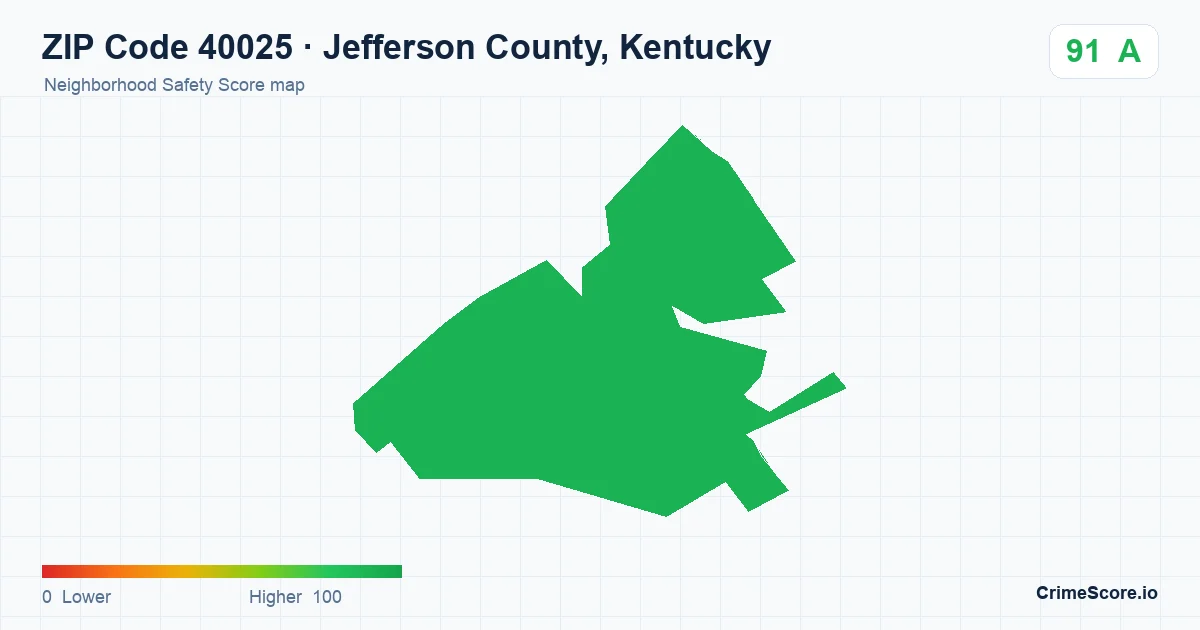 ZIP Code 40025 in Jefferson County, Kentucky neighborhood Safety Score map