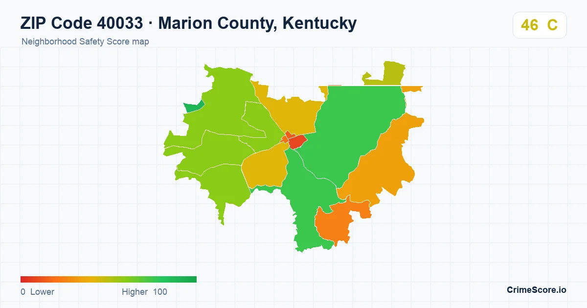 ZIP Code 40033 in Marion County, Kentucky neighborhood Safety Score map