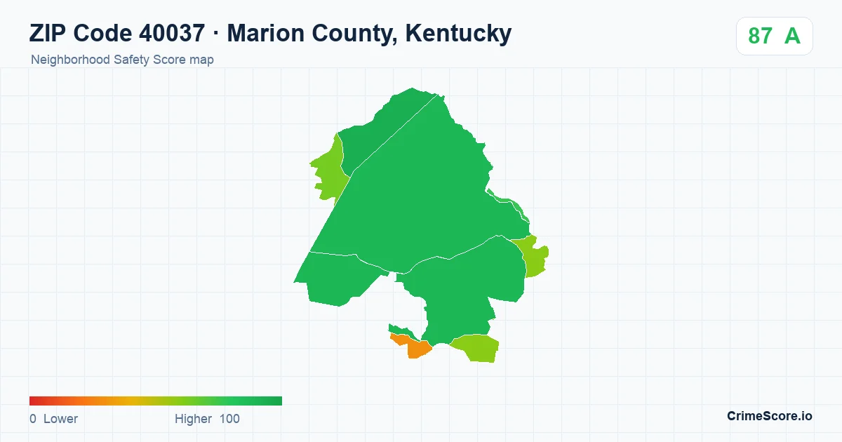 ZIP Code 40037 in Marion County, Kentucky neighborhood Safety Score map