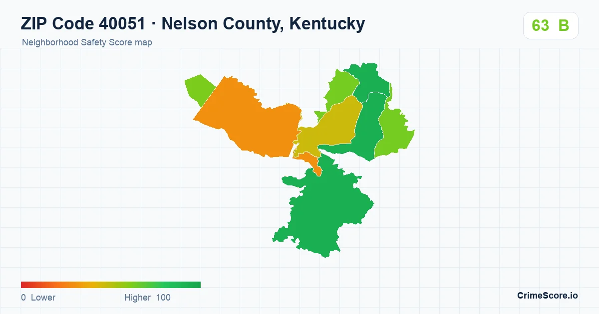 ZIP Code 40051 in Nelson County, Kentucky neighborhood Safety Score map