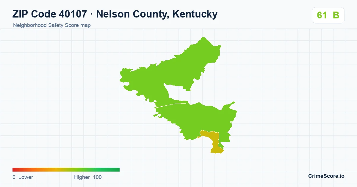 ZIP Code 40107 in Nelson County, Kentucky neighborhood Safety Score map