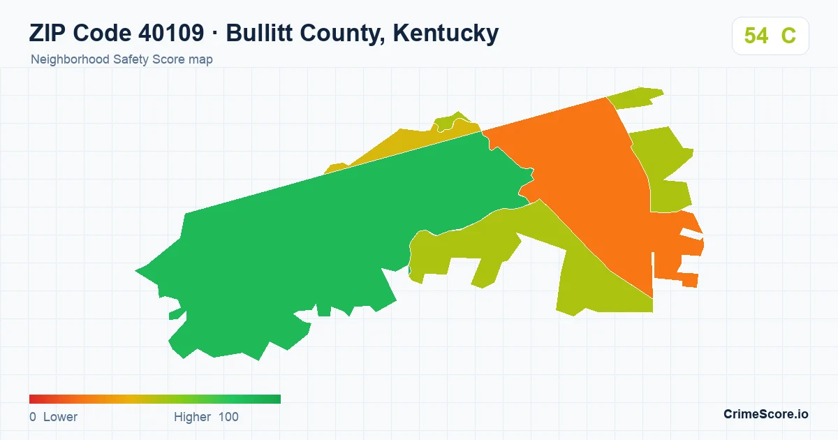 ZIP Code 40109 in Bullitt County, Kentucky neighborhood Safety Score map