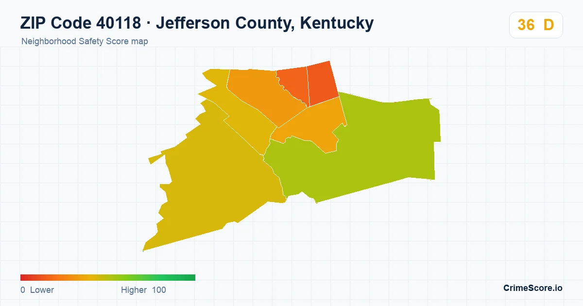 ZIP Code 40118 in Jefferson County, Kentucky neighborhood Safety Score map