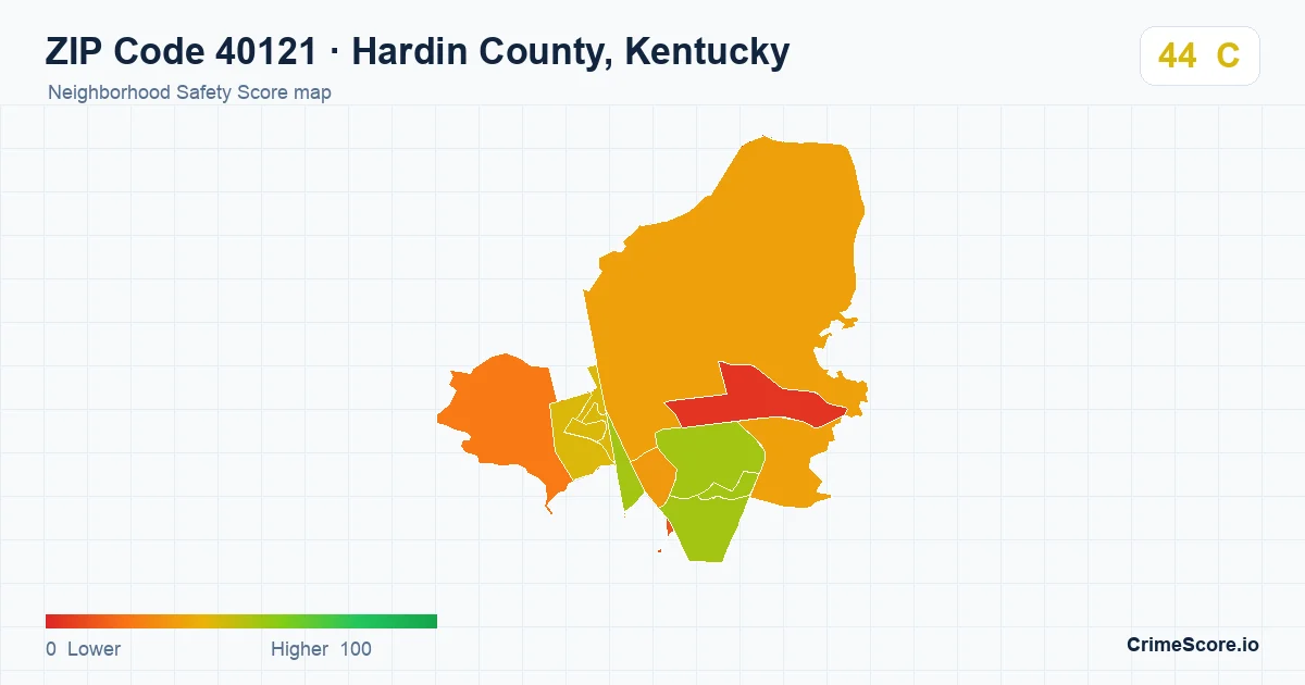 ZIP Code 40121 in Hardin County, Kentucky neighborhood Safety Score map